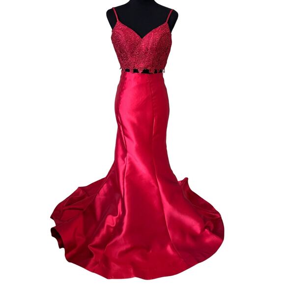 ALYCE PARIS Women's Wine Lace Croptop Mikado Mermaid Two-Piece Gown Size 000 - Picture 3 of 11